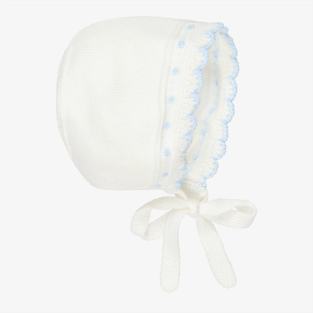 Artesanía Granlei-Ivory Knitted Bonnet with Pale Blue Trims | Childrensalon Outlet