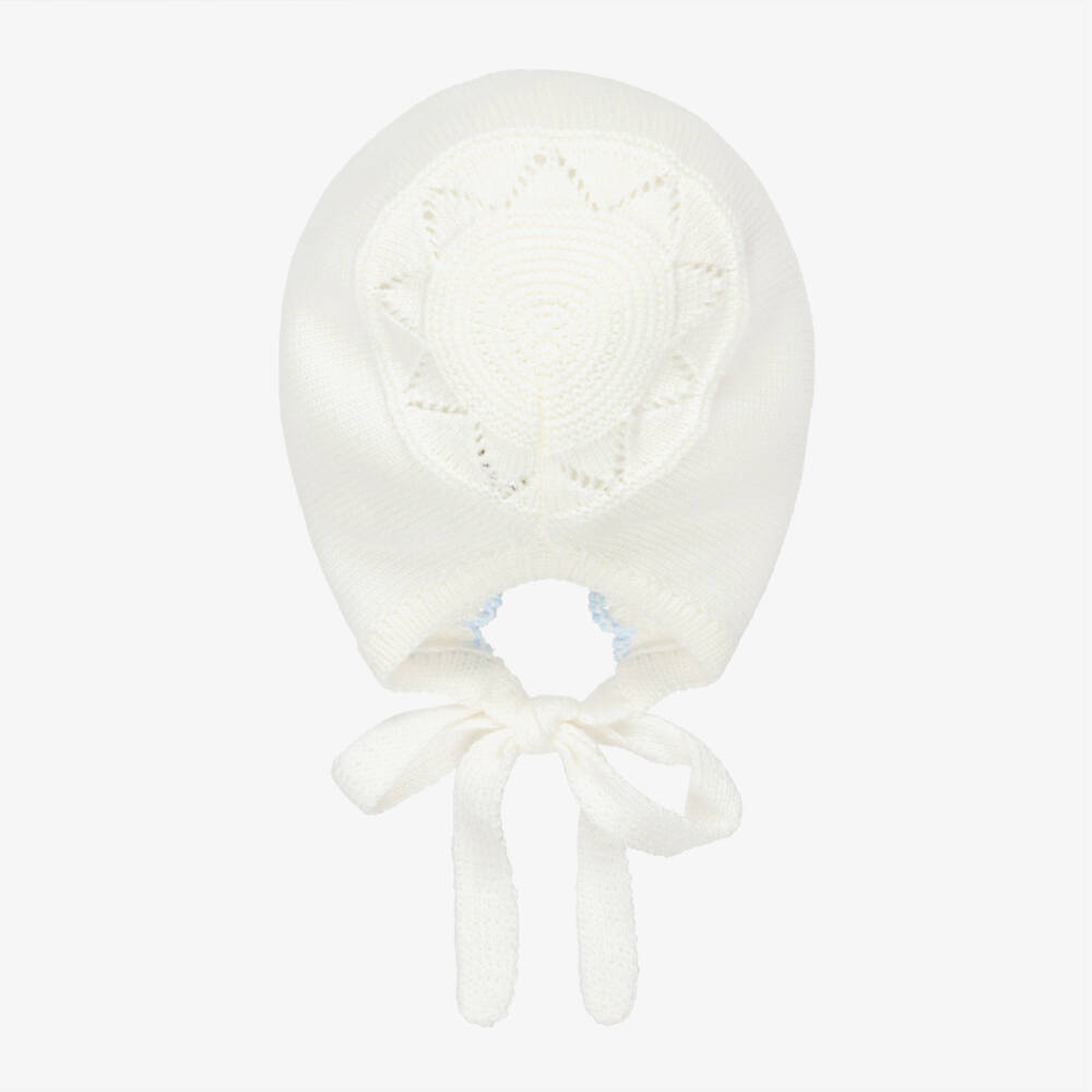 Artesanía Granlei-Ivory Knitted Bonnet with Pale Blue Trims | Childrensalon Outlet