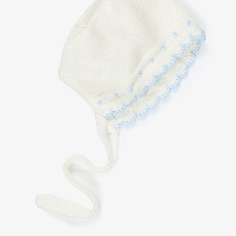 Artesanía Granlei-Ivory Knitted Bonnet with Pale Blue Trims | Childrensalon Outlet