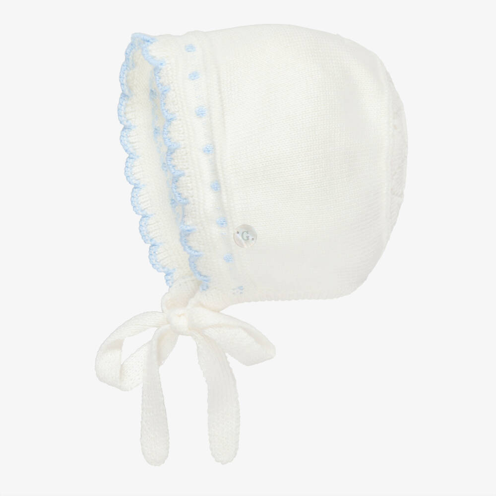 Artesanía Granlei-Ivory Knitted Bonnet with Pale Blue Trims | Childrensalon Outlet
