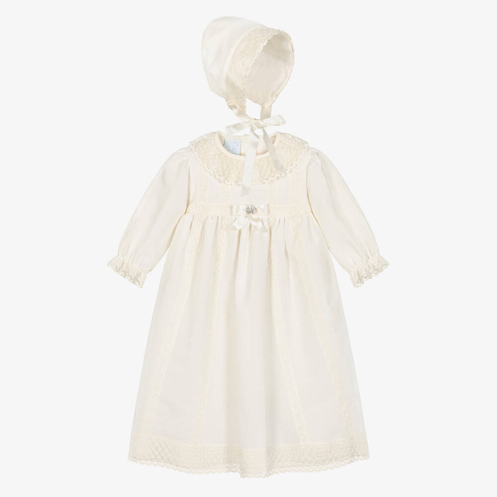 Artesanía Granlei - Кремовое крестильное платье с кружевом и чепчик | Childrensalon