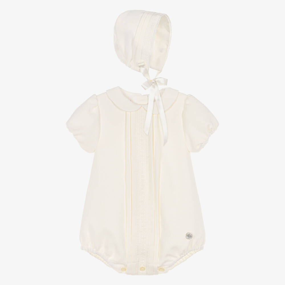 Artesanía Granlei-Ivory Lace Trimmed Babysuit Set with Bonnet | Childrensalon Outlet