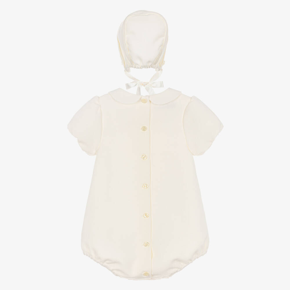 Artesanía Granlei-Ivory Lace Trimmed Babysuit Set with Bonnet | Childrensalon Outlet