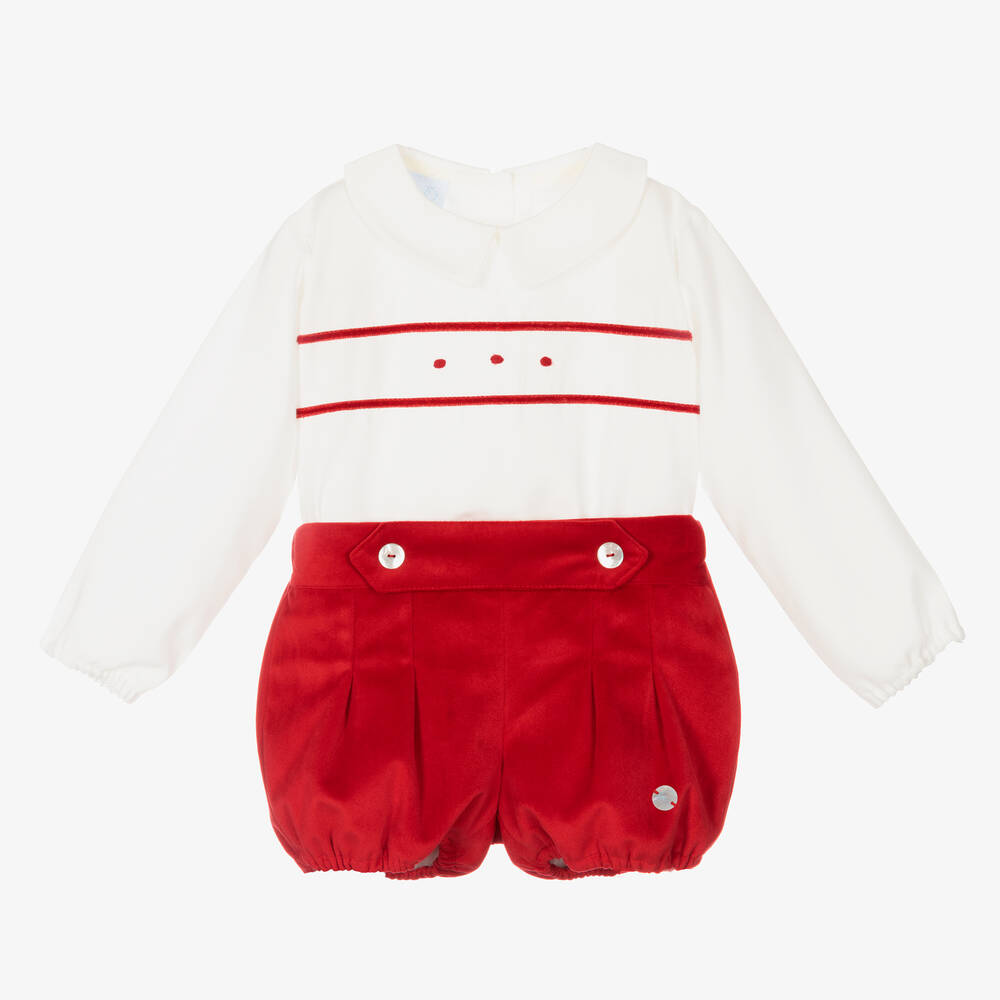 Artesanía Granlei - Ivory & Red Velvet Shorts Set | Childrensalon