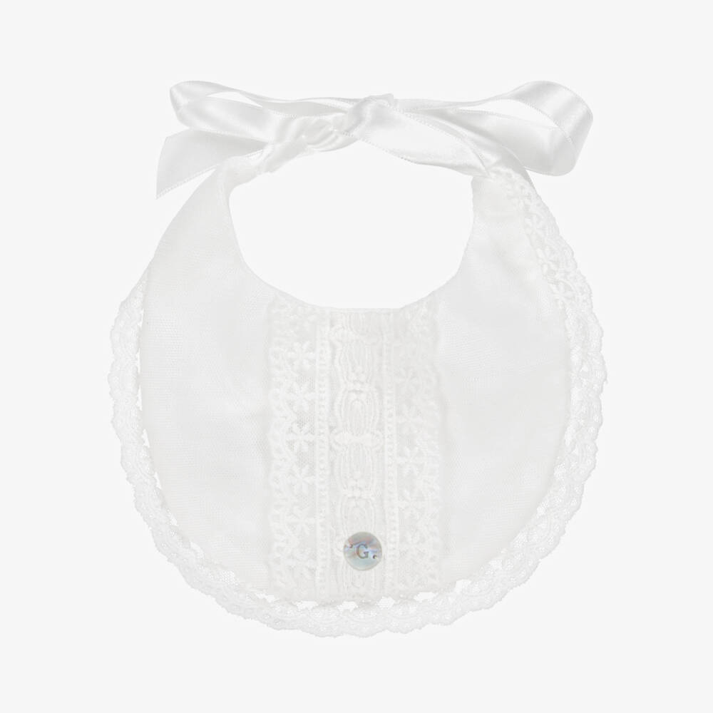 Artesanía Granlei-Ivory Tulle & Lace Baby Bib with Satin Ribbon Ties | Childrensalon Outlet