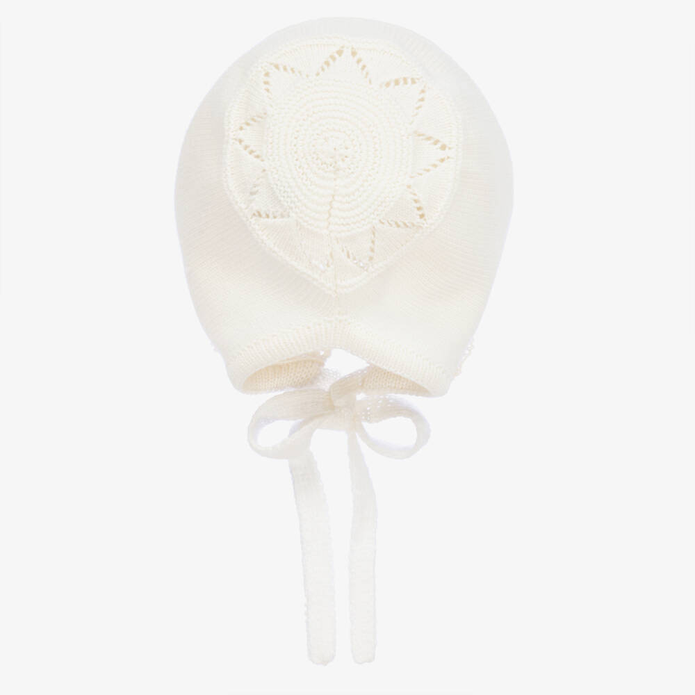 Artesanía Granlei-Lace Trimmed Ivory Knit Baby Bonnet | Childrensalon Outlet