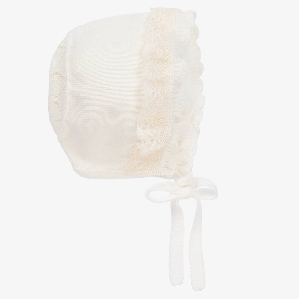 Artesanía Granlei-Lace Trimmed Ivory Knit Baby Bonnet | Childrensalon Outlet