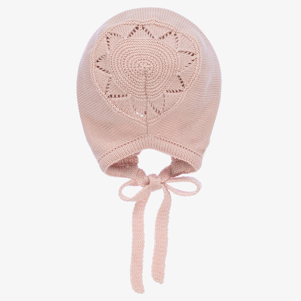 Artesanía Granlei-Lace Trimmed Pink Knit Baby Bonnet | Childrensalon Outlet