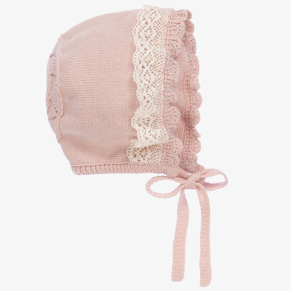 Artesanía Granlei-Lace Trimmed Pink Knit Baby Bonnet | Childrensalon Outlet