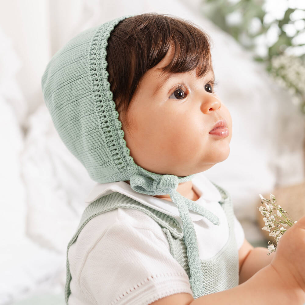 Artesanía Granlei-Light Green Knitted Baby Bonnet | Childrensalon Outlet