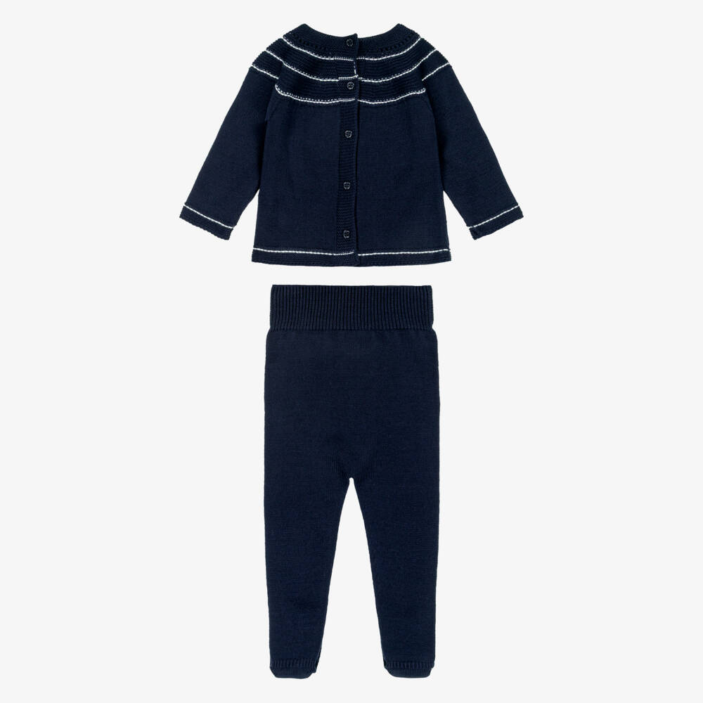 Artesanía Granlei-Navy Blue Knitted 2 Piece Babygrow with White Trim | Childrensalon Outlet