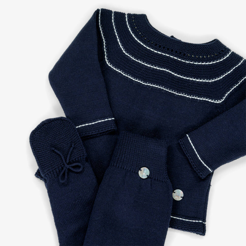 Artesanía Granlei-Navy Blue Knitted 2 Piece Babygrow with White Trim | Childrensalon Outlet