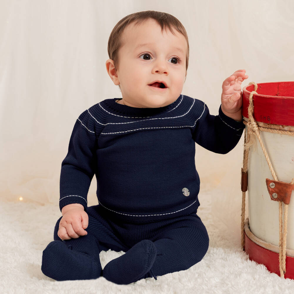 Artesanía Granlei-Navy Blue Knitted 2 Piece Babygrow with White Trim | Childrensalon Outlet