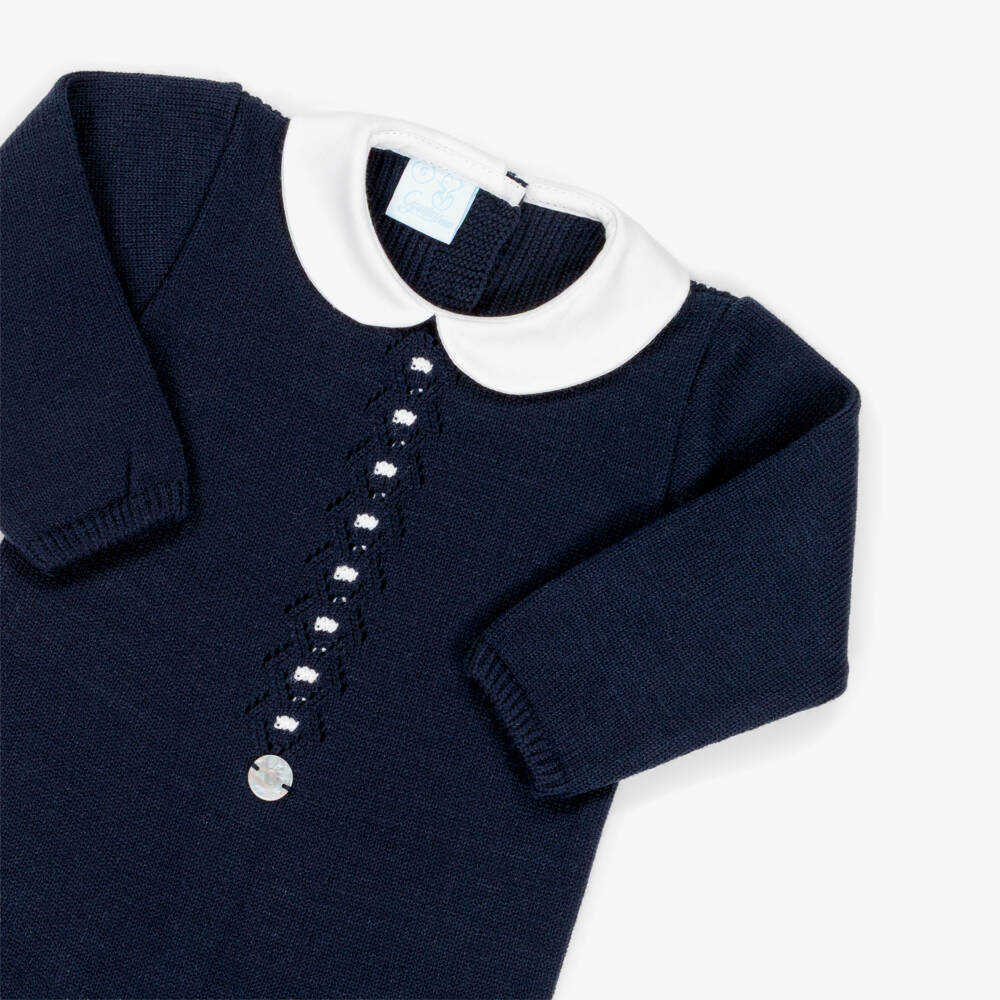 Artesanía Granlei-Navy Blue Knitted Babygrow with Collar | Childrensalon Outlet