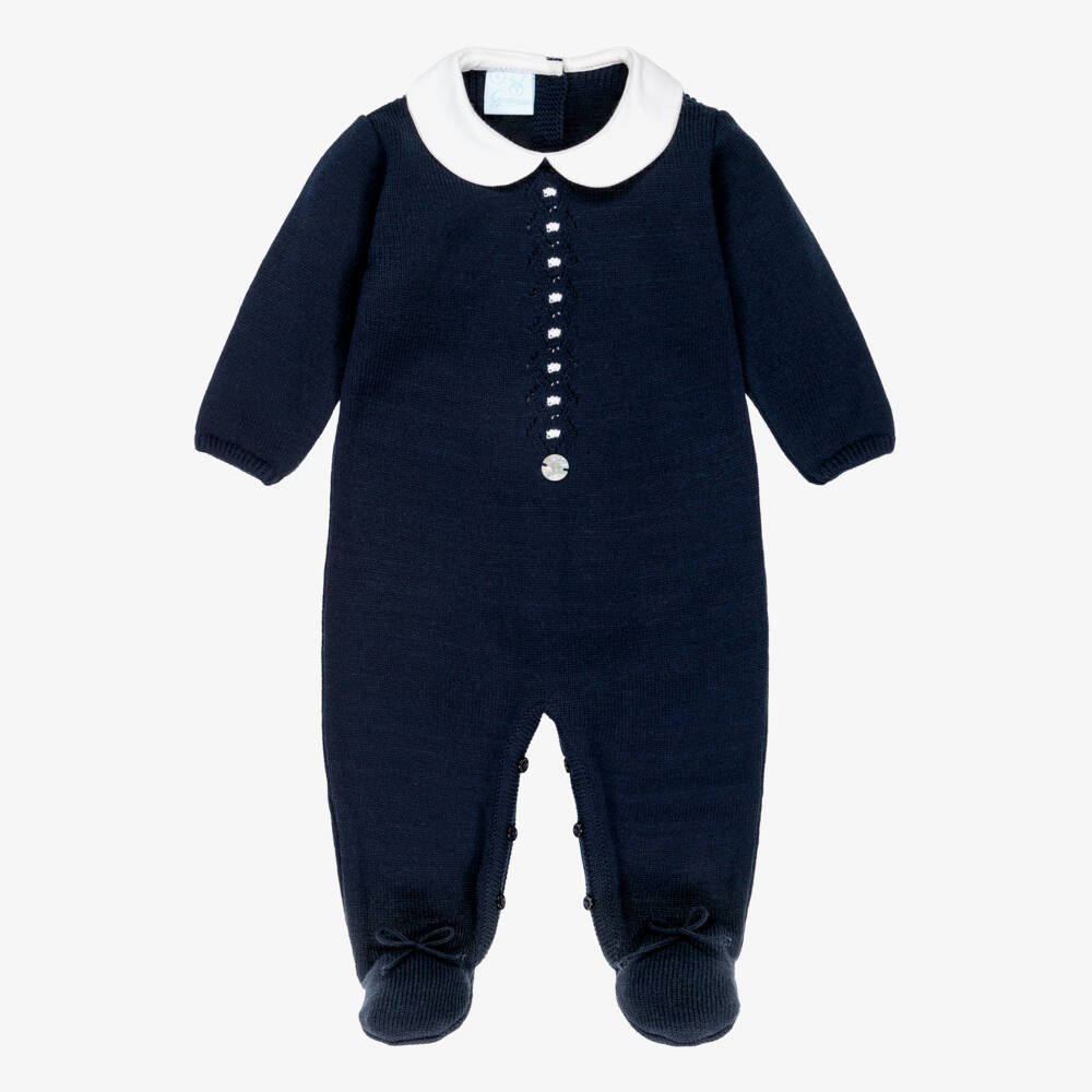 Artesanía Granlei-Navy Blue Knitted Babygrow with Collar | Childrensalon Outlet