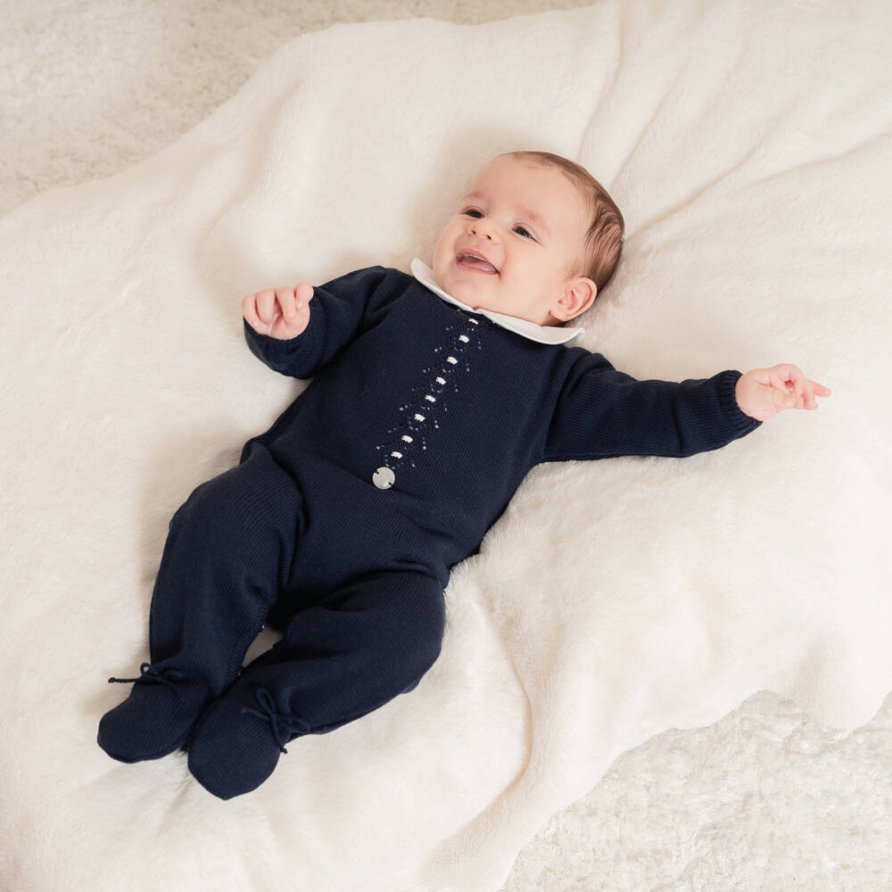 Artesanía Granlei-Navy Blue Knitted Babygrow with Collar | Childrensalon Outlet