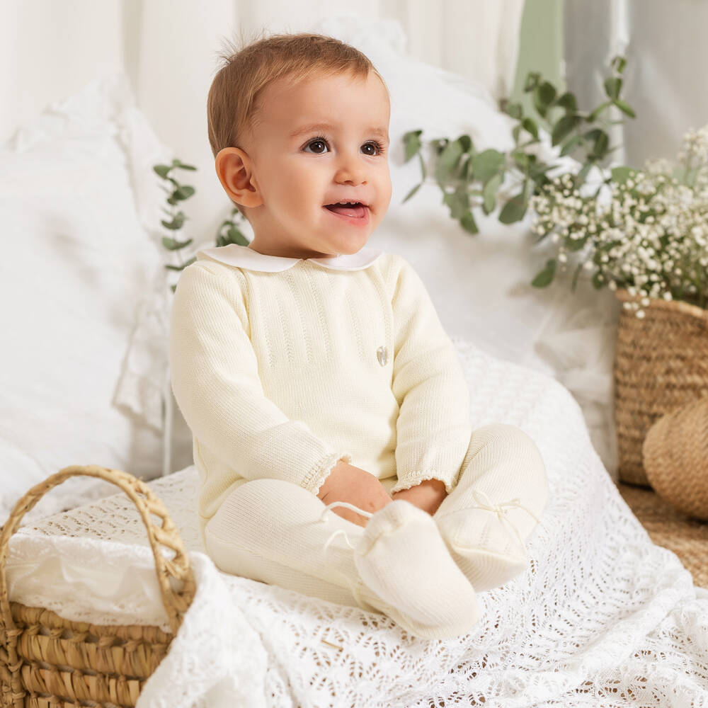 Artesanía Granlei-Pale Yellow Cotton Knit Babygrow with White Collar | Childrensalon Outlet