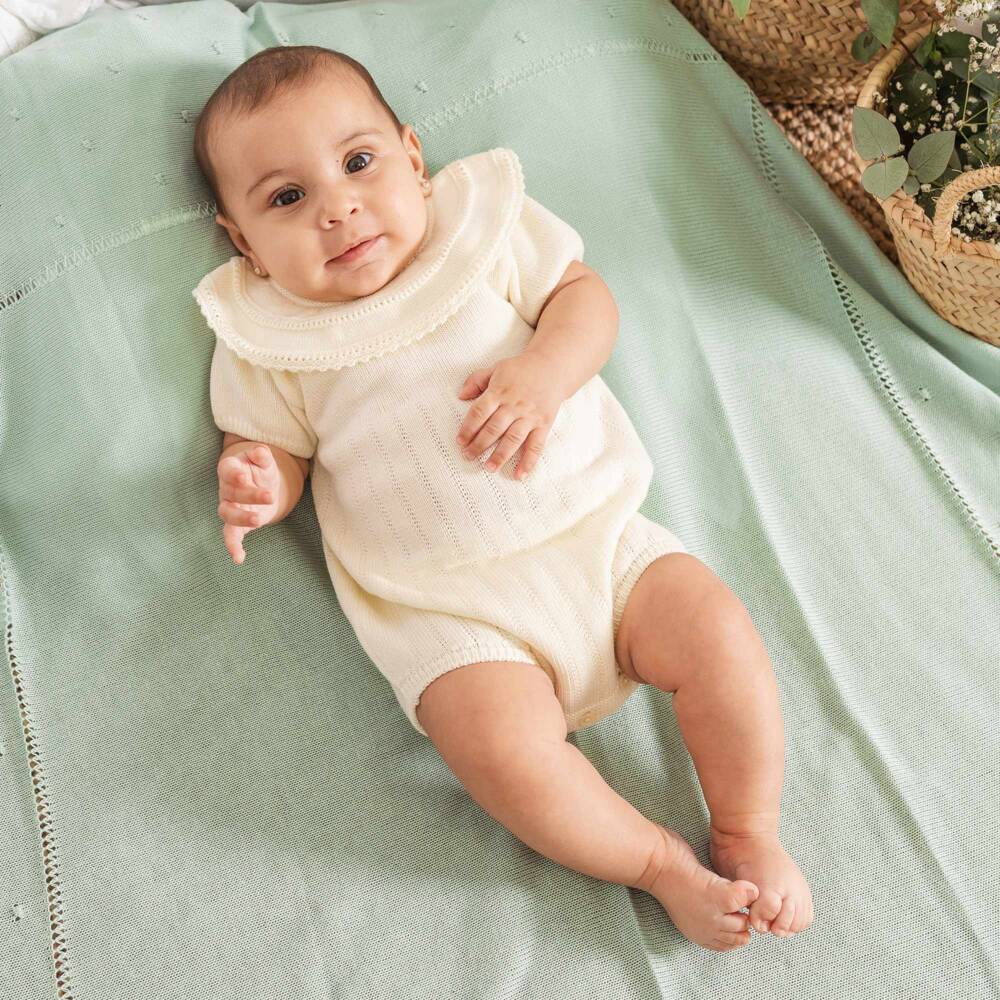 Artesanía Granlei-Pastel Green Knitted Baby Shawl with Scalloped Edges (128cm) | Childrensalon Outlet