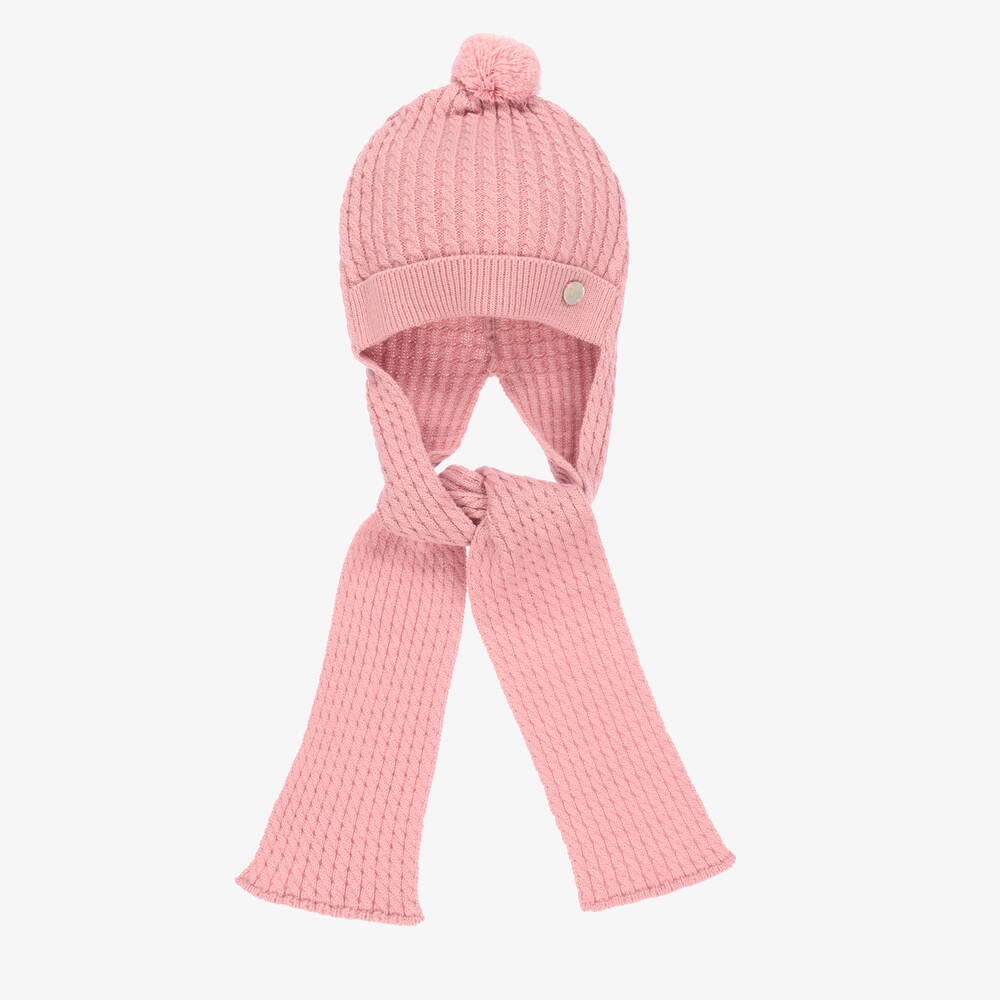 Artesanía Granlei - Pink Knitted Hat & Attached Scarf | Childrensalon