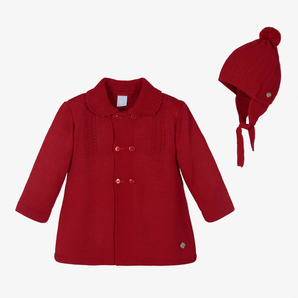 Artesanía Granlei - طقم معطف وقبعة أكريليك محبوك لون أحمر للبنات | Childrensalon