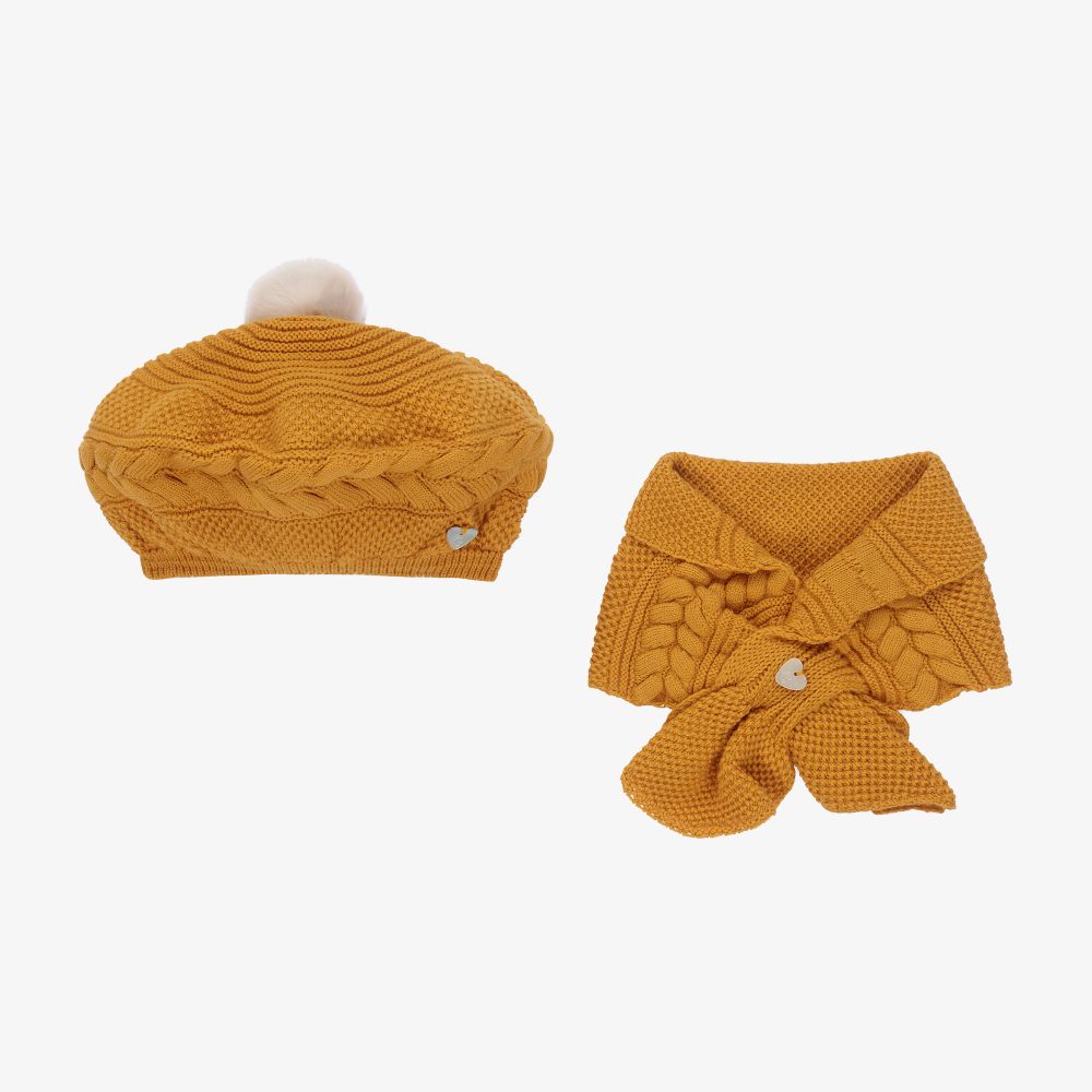 Artesanía Granlei - Gelbe Strick-Baskenmütze mit Schal | Childrensalon