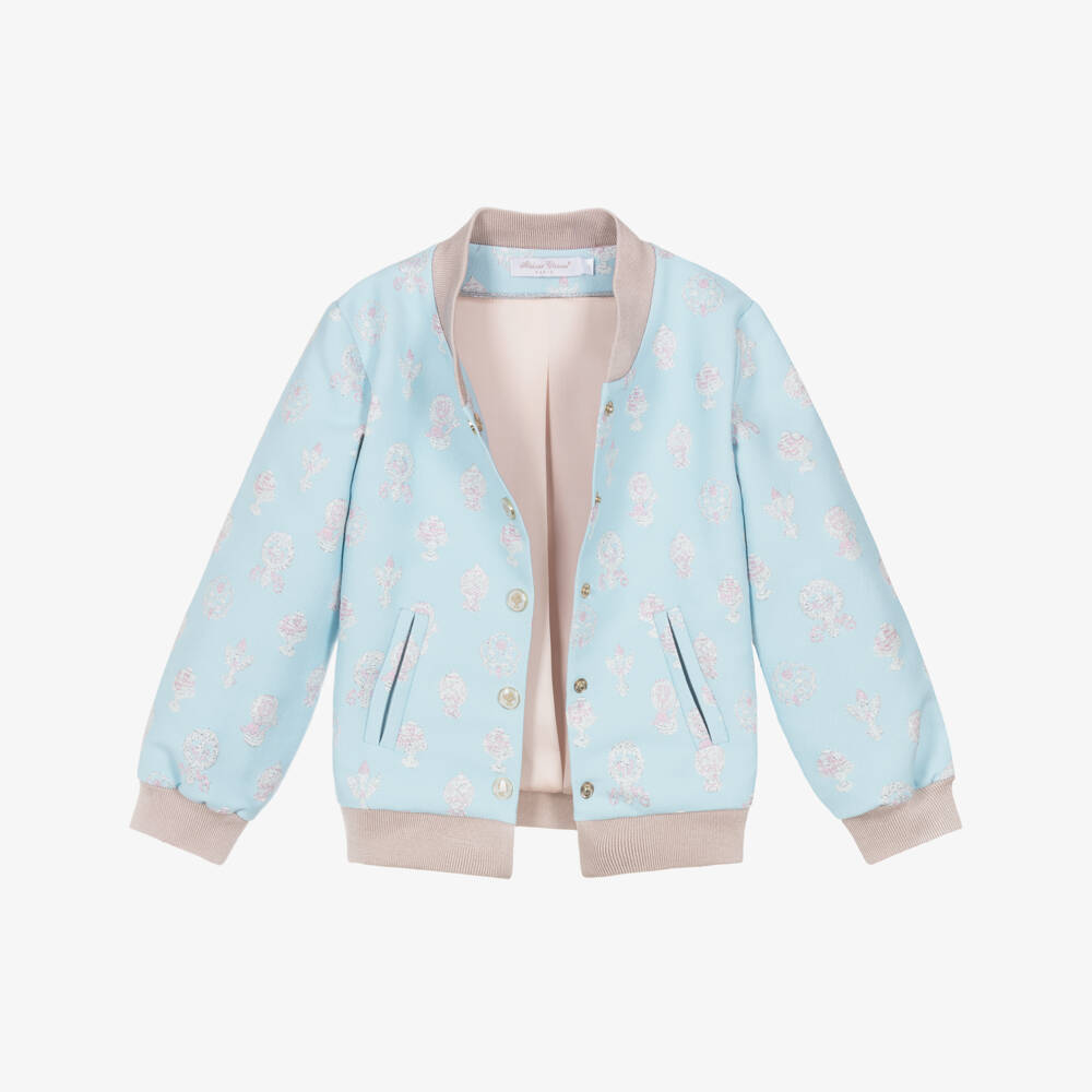 Atelier Choux Paris-Girls Blue Brocade Bomber Jacket | Childrensalon Outlet