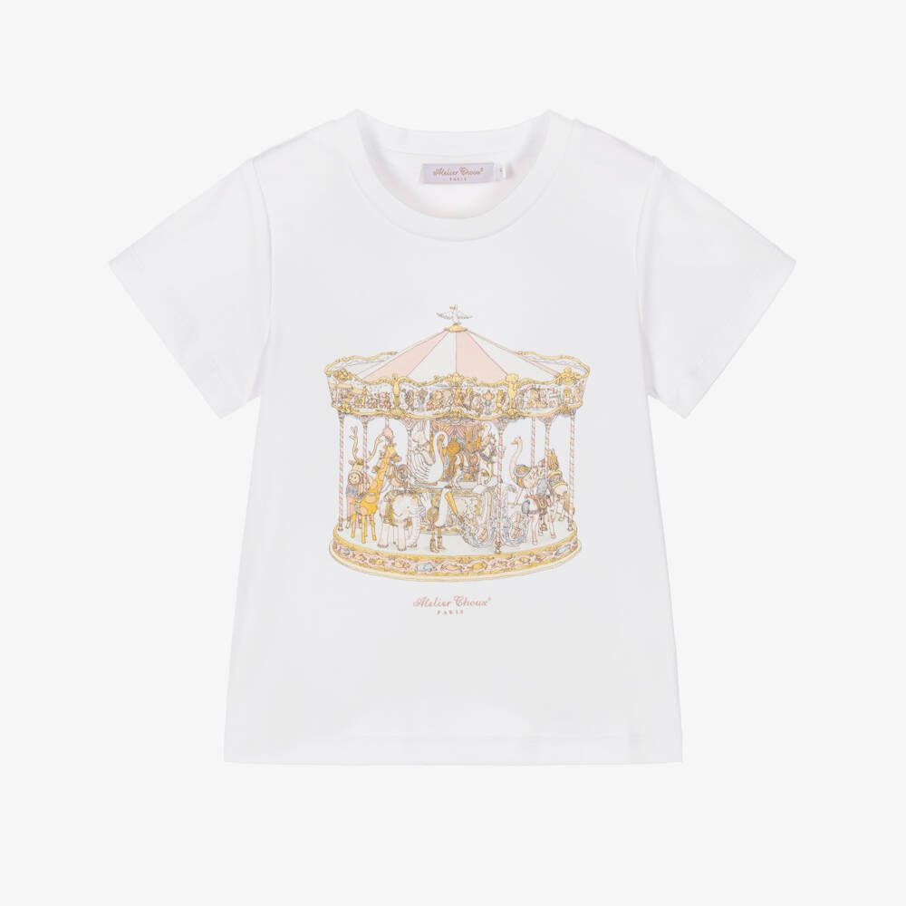 Atelier Choux Paris-Girls Ivory Cotton Carousel T-Shirt | Childrensalon Outlet