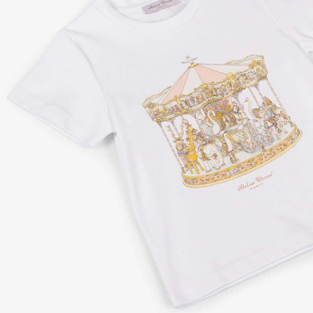 Atelier Choux Paris-Girls Ivory Cotton Carousel T-Shirt | Childrensalon Outlet