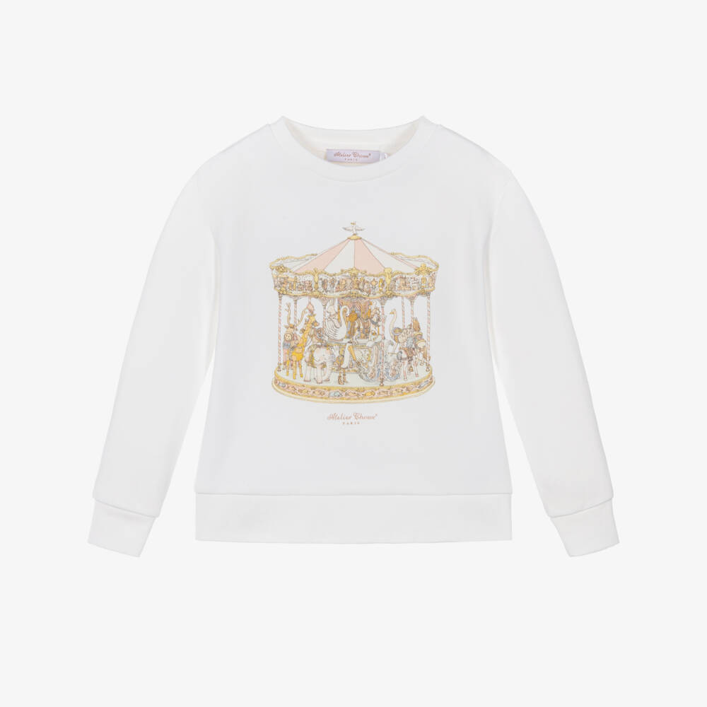 Atelier Choux Paris-Girls Ivory Cotton Jersey Carousel Sweatshirt | Childrensalon Outlet