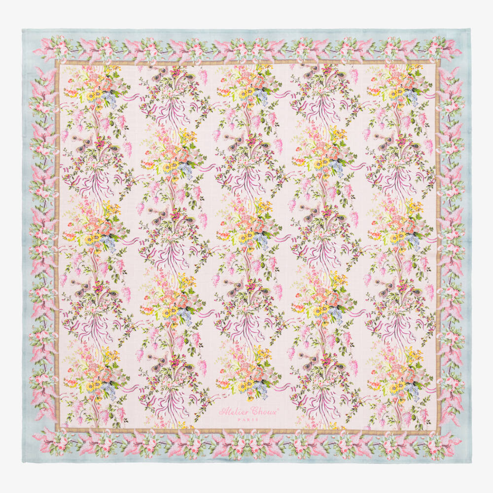 Atelier Choux Paris-Girls Pink Floral Cotton Swaddle (97cm) | Childrensalon Outlet