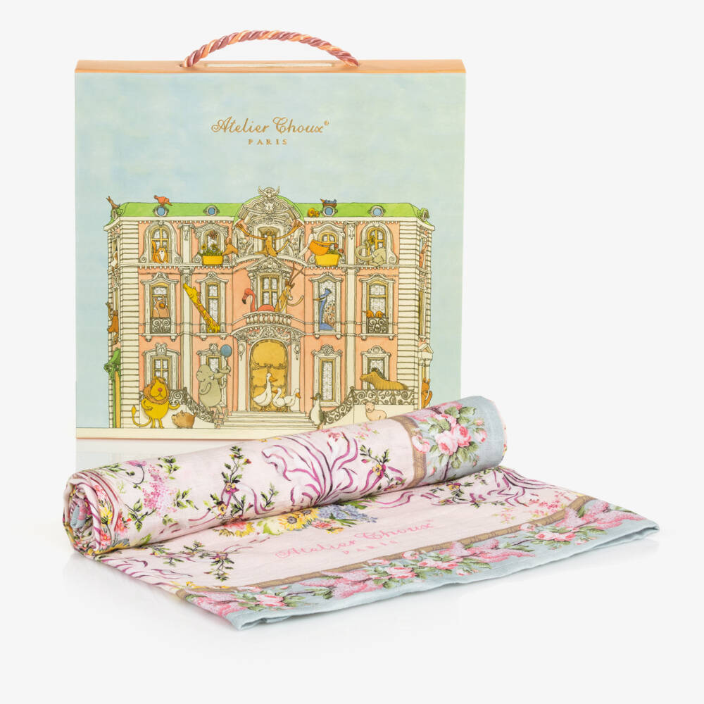 Atelier Choux Paris-Girls Pink Floral Cotton Swaddle (97cm) | Childrensalon Outlet
