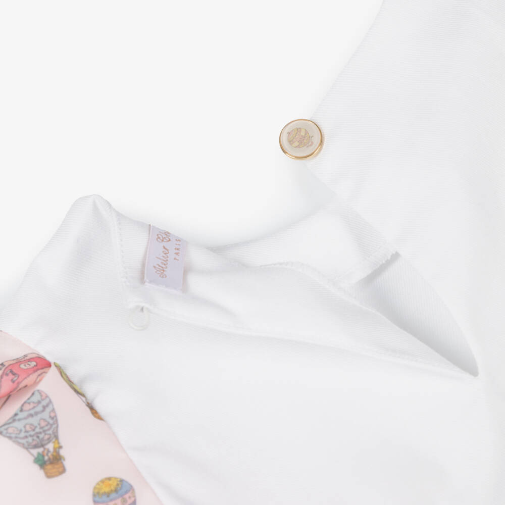 Atelier Choux Paris-Girls White Cotton Blouse with Pink Hot Air Balloon Sleeves | Childrensalon Outlet