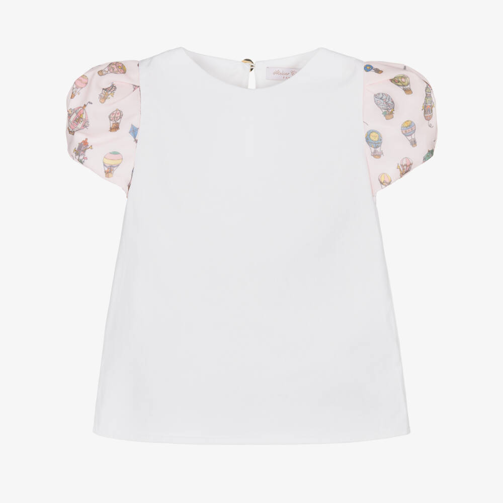 Atelier Choux Paris-Girls White Cotton Blouse with Pink Hot Air Balloon Sleeves | Childrensalon Outlet