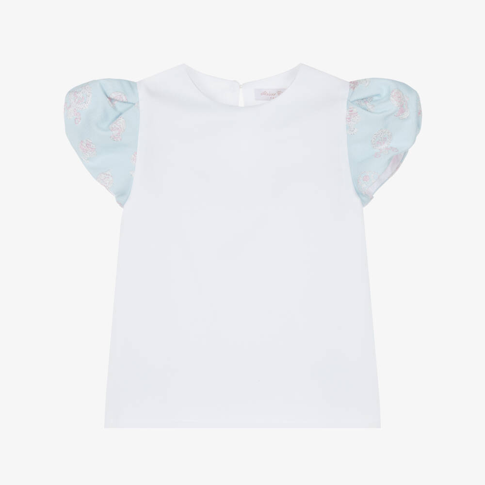 Atelier Choux Paris-Girls White Cotton Twill & Blue Brocade Top | Childrensalon Outlet