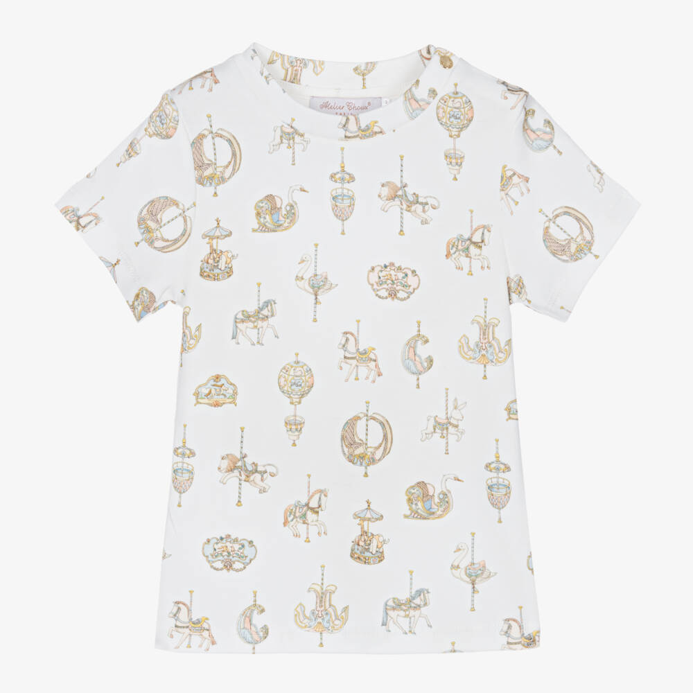 Atelier Choux Paris-White Carousel Print Cotton T-Shirt | Childrensalon Outlet