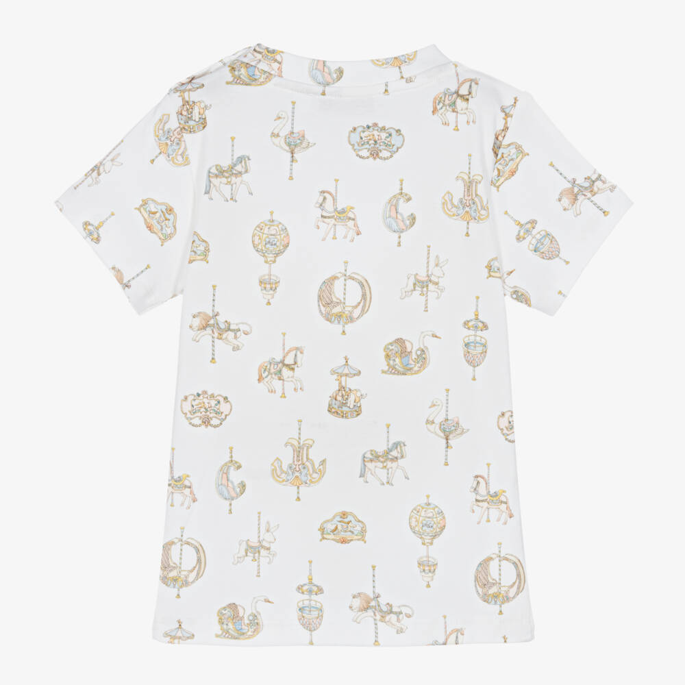 Atelier Choux Paris-White Carousel Print Cotton T-Shirt | Childrensalon Outlet