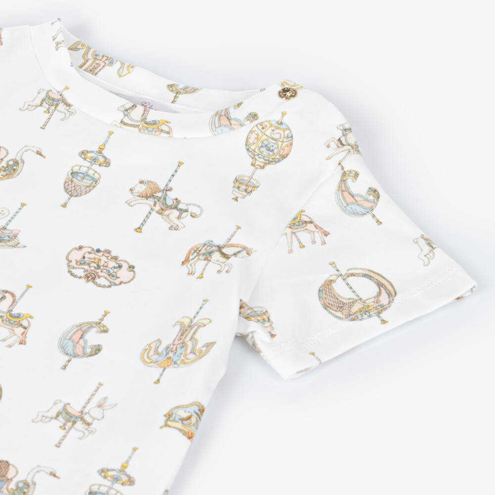 Atelier Choux Paris-White Carousel Print Cotton T-Shirt | Childrensalon Outlet