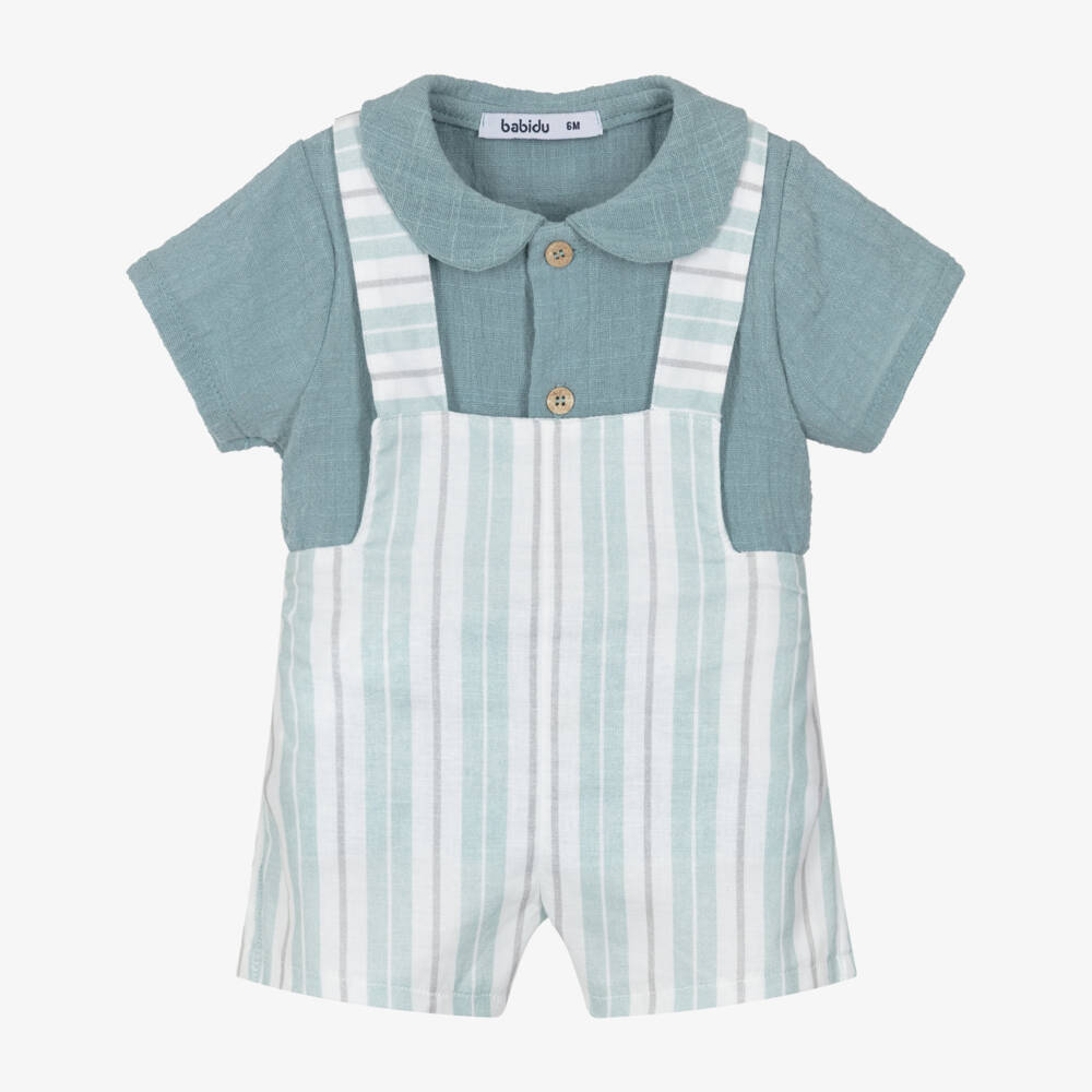 Babidu-Baby Boys Aqua Blue Stripe Cotton Dungaree Set | Childrensalon Outlet