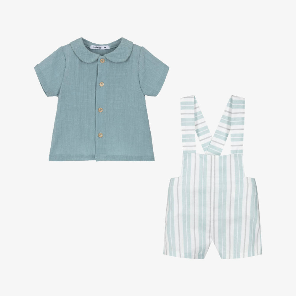 Babidu-Baby Boys Aqua Blue Stripe Cotton Dungaree Set | Childrensalon Outlet