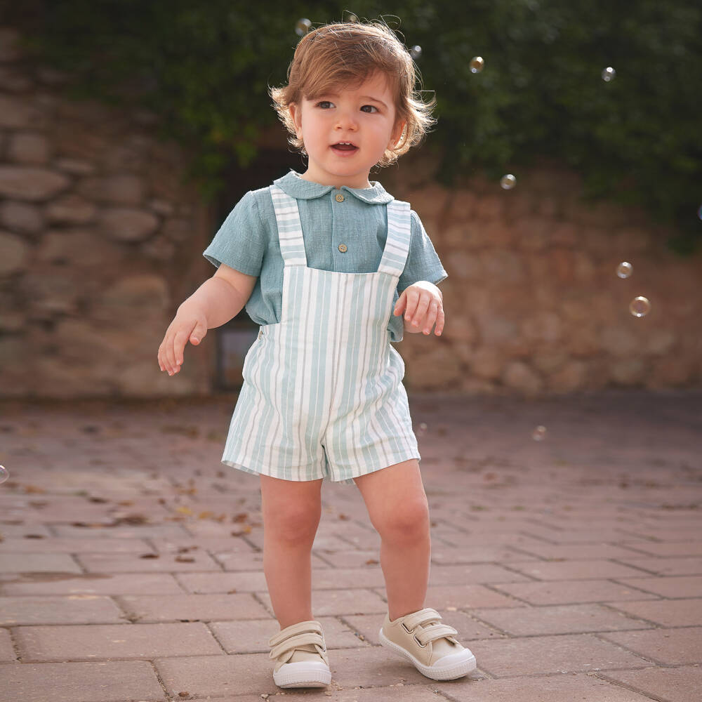 Babidu-Baby Boys Aqua Blue Stripe Cotton Dungaree Set | Childrensalon Outlet