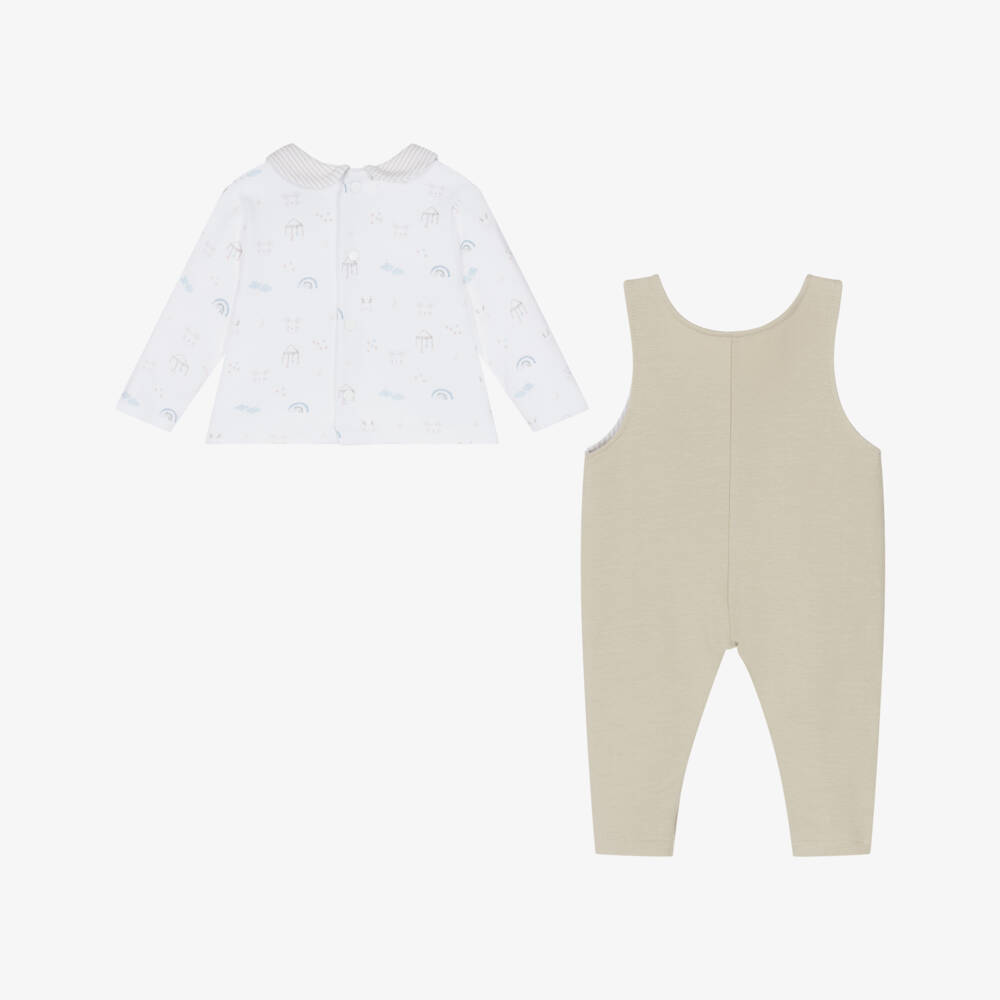 Babidu-Baby Boys Beige Cotton Bunny & Cloud Dungaree Set | Childrensalon Outlet