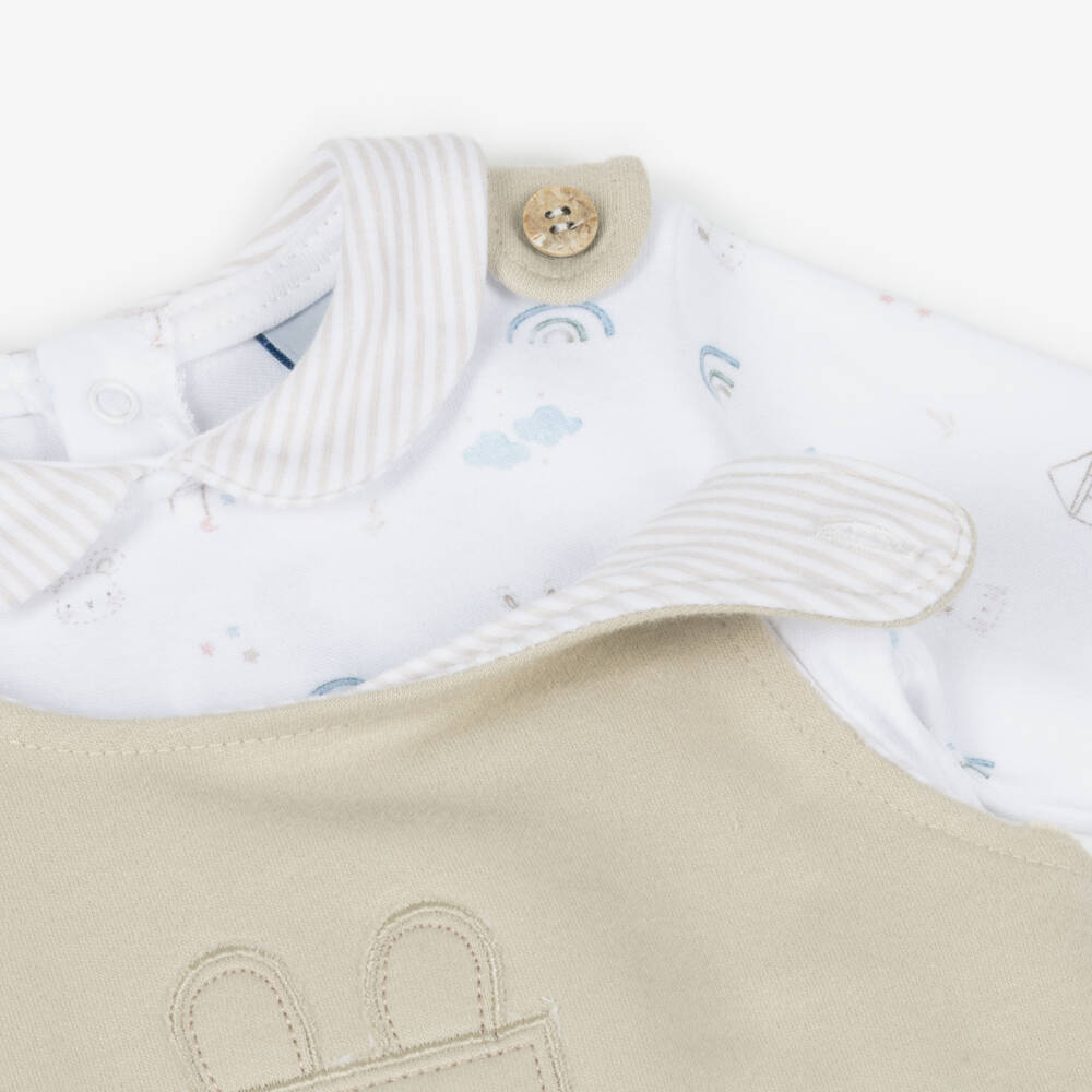 Babidu-Baby Boys Beige Cotton Bunny & Cloud Dungaree Set | Childrensalon Outlet