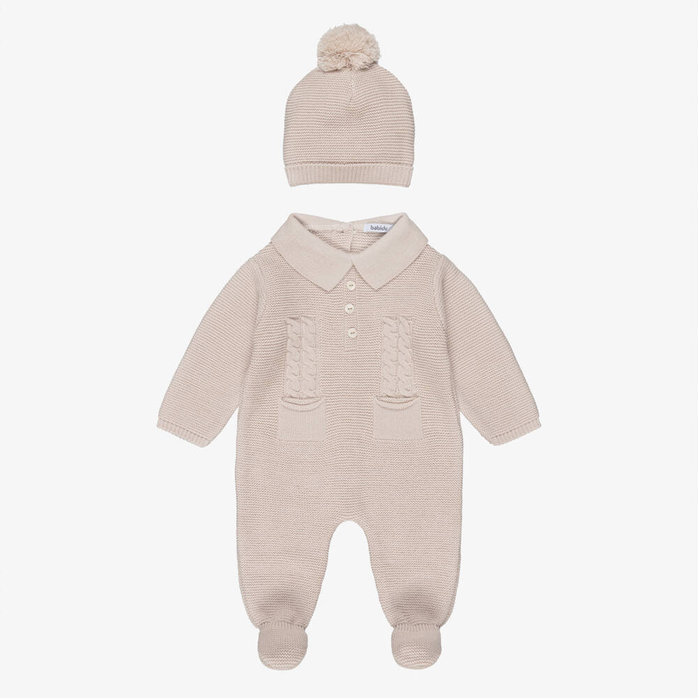 Babidu-Baby Boys Beige Knitted Babygrow & Hat Set | Childrensalon Outlet