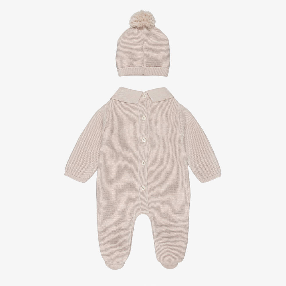 Babidu-Baby Boys Beige Knitted Babygrow & Hat Set | Childrensalon Outlet