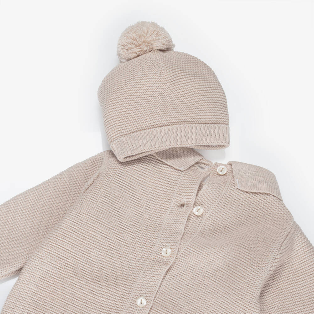 Babidu-Baby Boys Beige Knitted Babygrow & Hat Set | Childrensalon Outlet