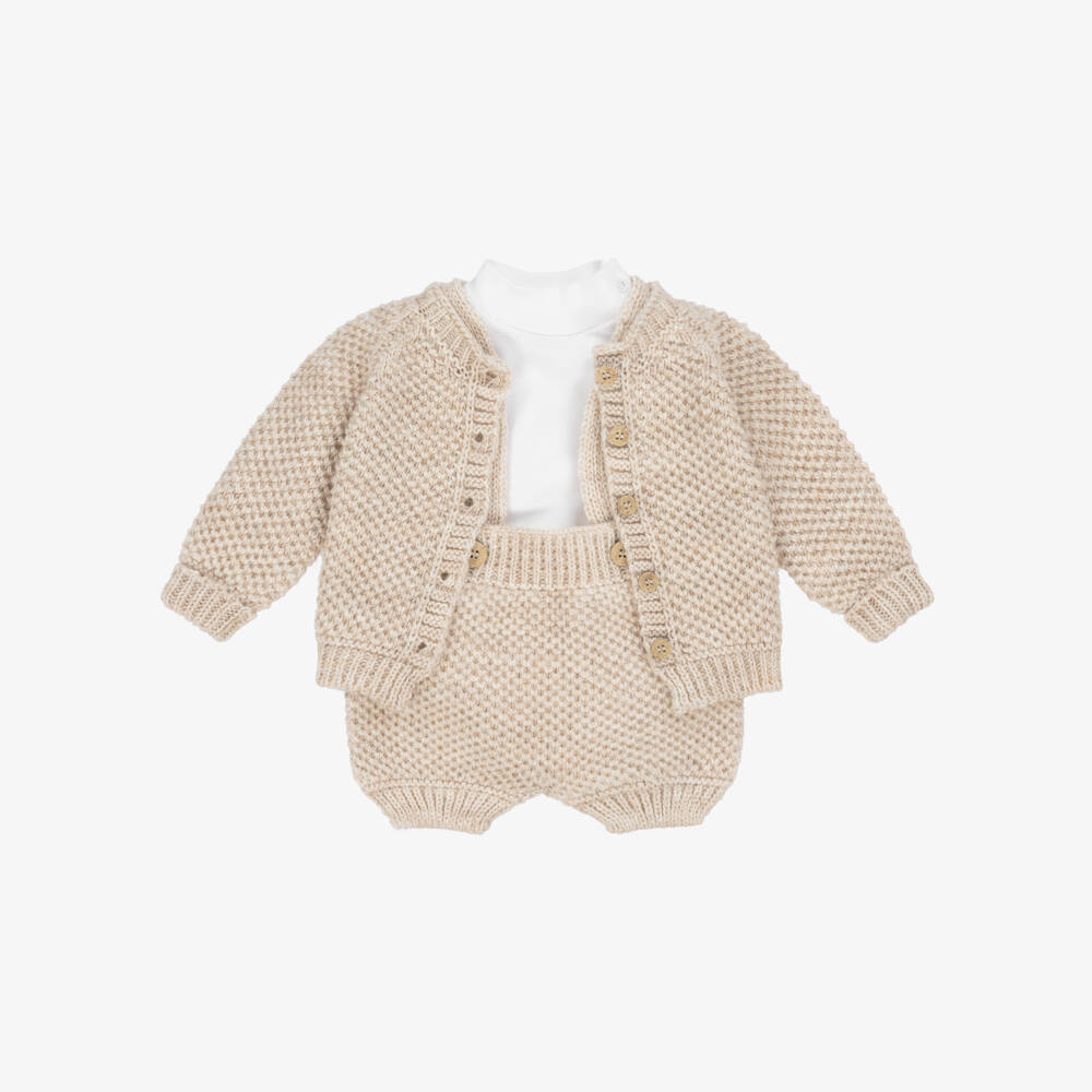 Babidu-Baby Boys Beige Knitted Cardigan & Shorts Set | Childrensalon Outlet