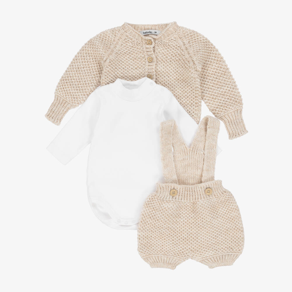 Babidu-Baby Boys Beige Knitted Cardigan & Shorts Set | Childrensalon Outlet