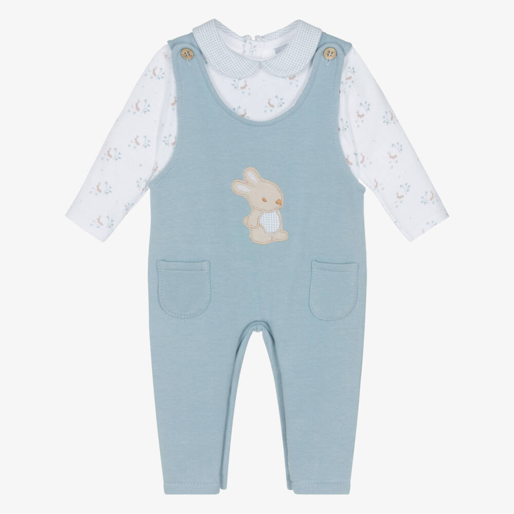 Babidu-Baby Boys Blue Cotton Jersey Dungaree Set with Bunny Print | Childrensalon Outlet