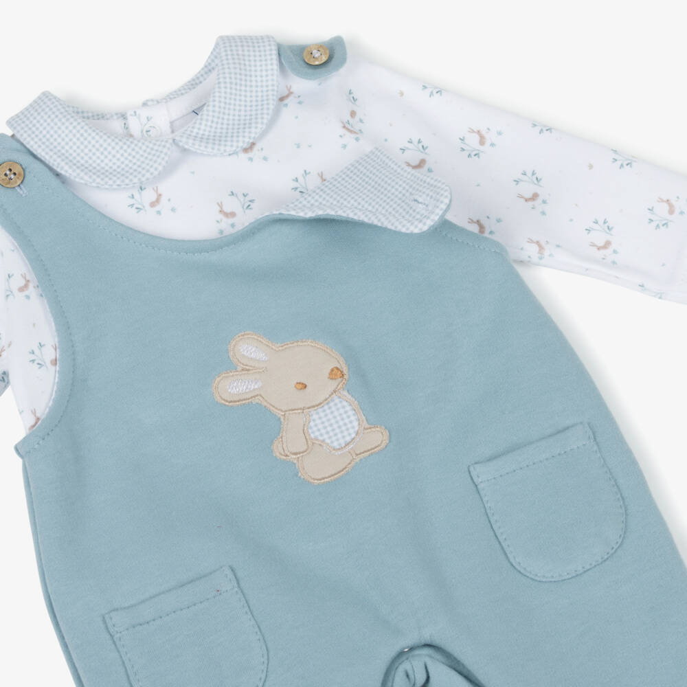 Babidu-Baby Boys Blue Cotton Jersey Dungaree Set with Bunny Print | Childrensalon Outlet