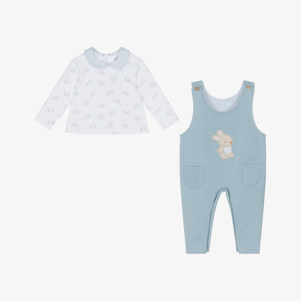 Babidu-Baby Boys Blue Cotton Jersey Dungaree Set with Bunny Print | Childrensalon Outlet